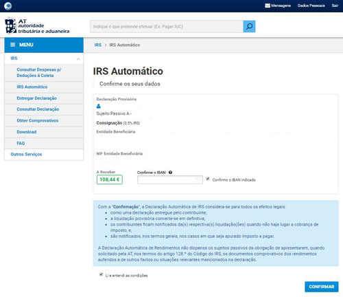 Página do site da Autoridade Tributária onde é possível confirmar o IRS automático